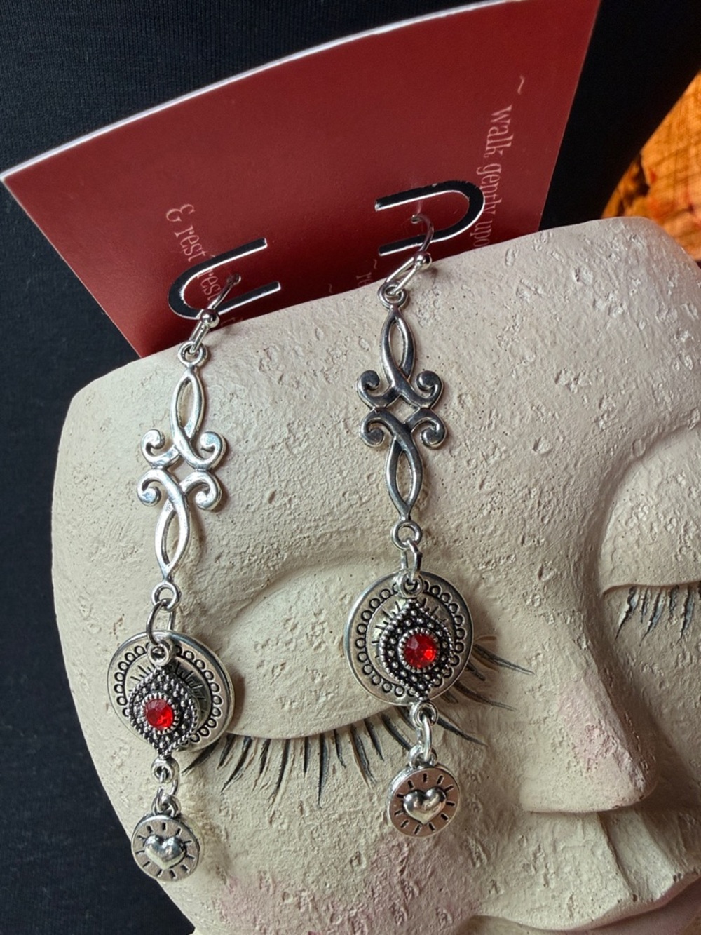Sterling-Tone Silver Dangle Earrings with Red Accent - Picture 1 of 3